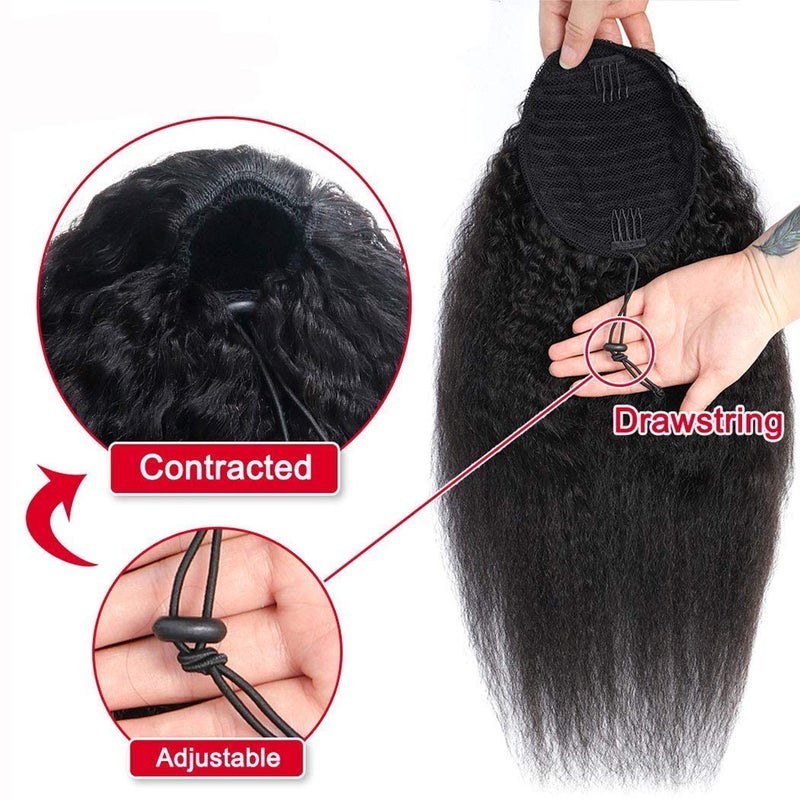 Annora Drawstring Ponytail Extension Human Hair Afro Kinky Straight for Black Women - Yaki Brazilian Virgin Remy Hair Extensions Natural Black Color (12 Inch) - Image 3